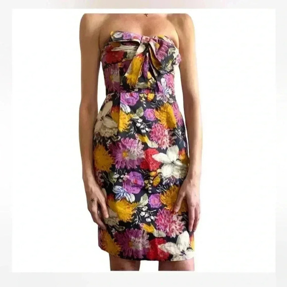 Anthropologie Dresses & Skirts - Anthropologie Black Pink Floral Strapless Bow Dress Sz 2 Woman MOULINETTE